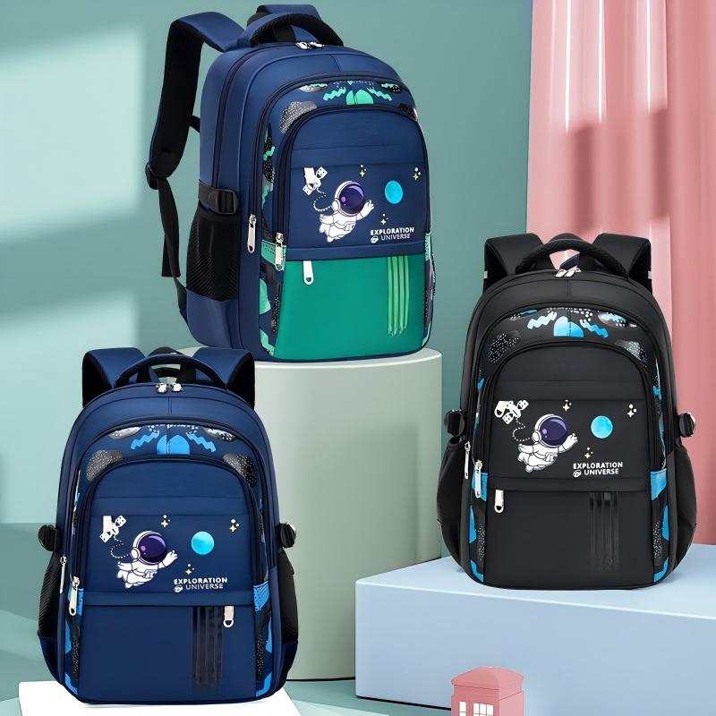 Astronaut Print Primary School Backpack, Waterproof Oxford Ergonomic Multi-Compartment Kids Book Bag,  Neutral Student Backpack For Grade 1-6，Dark Blue Teal / Solid Navy Blue / Black Blue