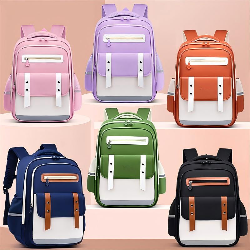 Minimalist Color Block Primary School Backpack, Waterproof Oxford Multi-Pocket Ergonomic Kids Book Bag,  Neutral Student Backpack For Grade 1-6 Pupils,Navy Blue / Black / Army Green / Orange / Pink / Purple