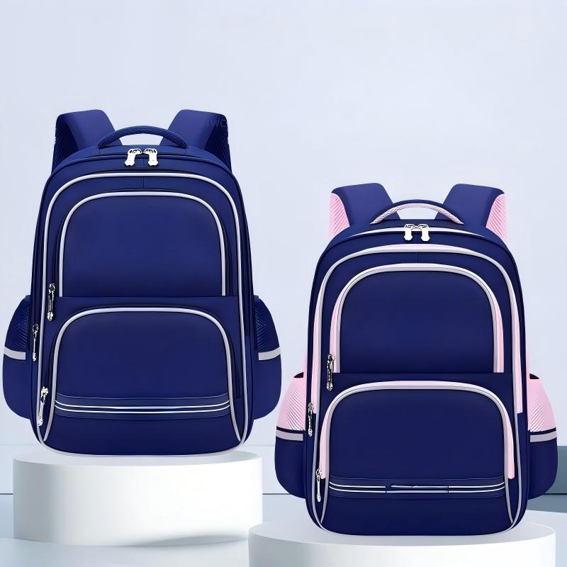 Plain Solid Primary School Backpack, Waterproof Oxford Multi-Layer Ergonomic Kids Book Bag, Full Navy Blue / Navy Blue Pink Trim Neutral Student Backpack For Grade 1-6 Pupils