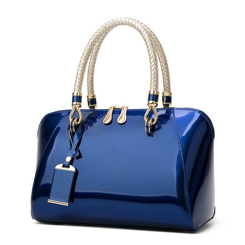 Glossy Patent PU Ladies Boston Handbag, Braided Top Handle, Royal Blue / Red / Wine Red / Fuchsia / Light Pink / Black Women Daily Shoulder Tote Bag