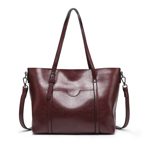 Women's PU tote handbag with large capacity interior, comes with top handles and detachable crossbody strap. 9 assorted colors, practical for office, shopping and daily occasions.