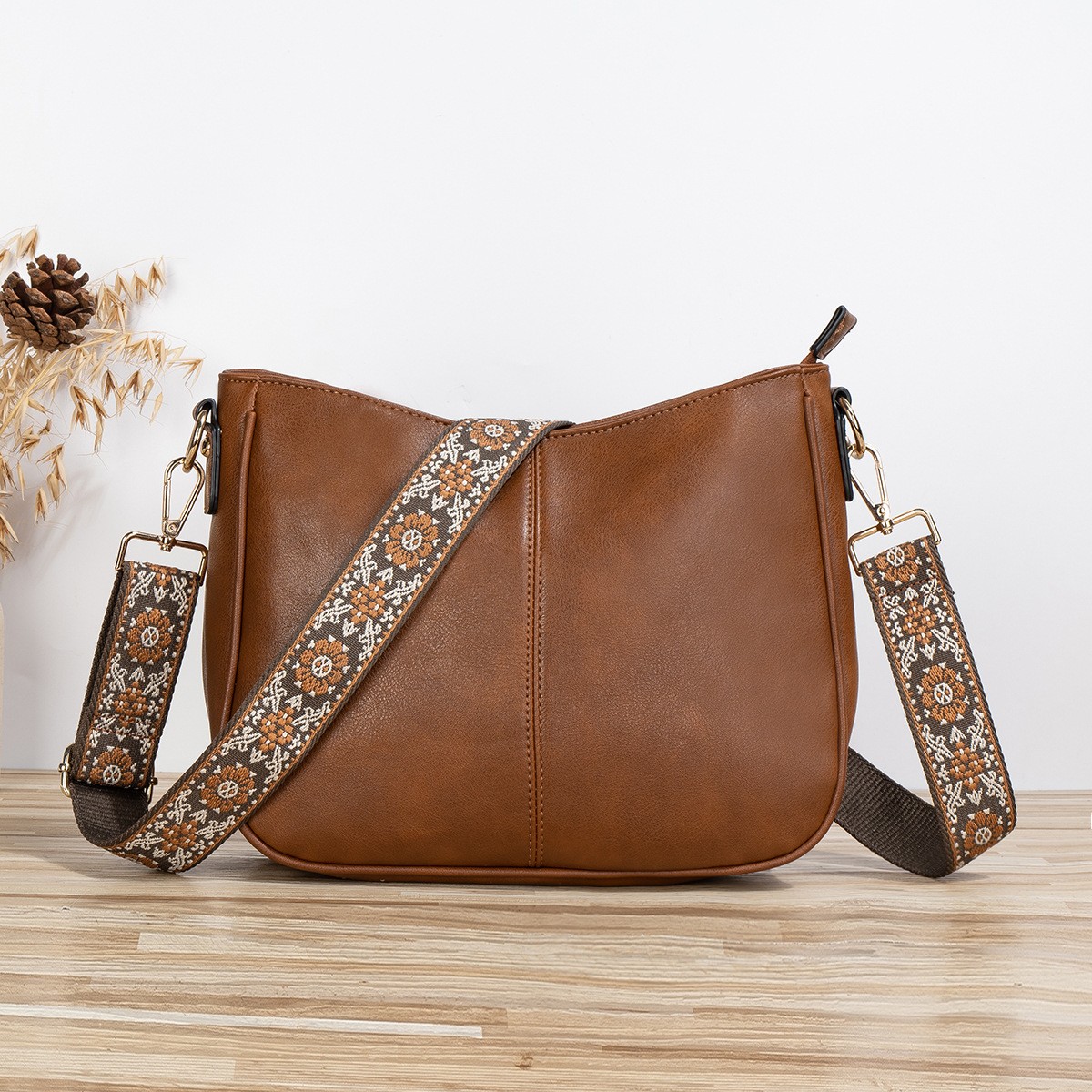 Women’s PU Leather Hobo Crossbody Shoulder Bag with Wide Printed Decorative Strap, Soft Casual Ladies Sling Handbag, 9 Colors Available: Brown, Dark Green, Coral Pink, Light Grey, Yellow, Beige, Mint Green, Black, Off white