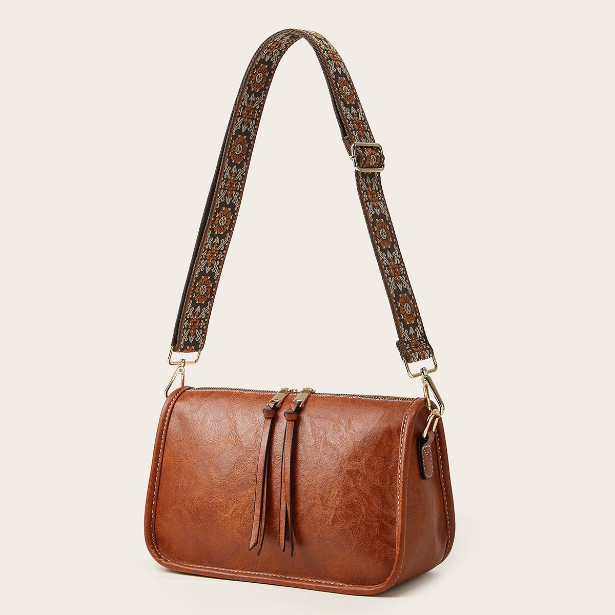 Women’s PU Leather Hobo Crossbody Shoulder Bag with Wide Printed Decorative Strap, Soft Casual Ladies Sling Handbag, 9 Colors Available: Brown, Dark Green, Coral Pink, Light Grey, Yellow, Beige, Mint Green, Black, Off white