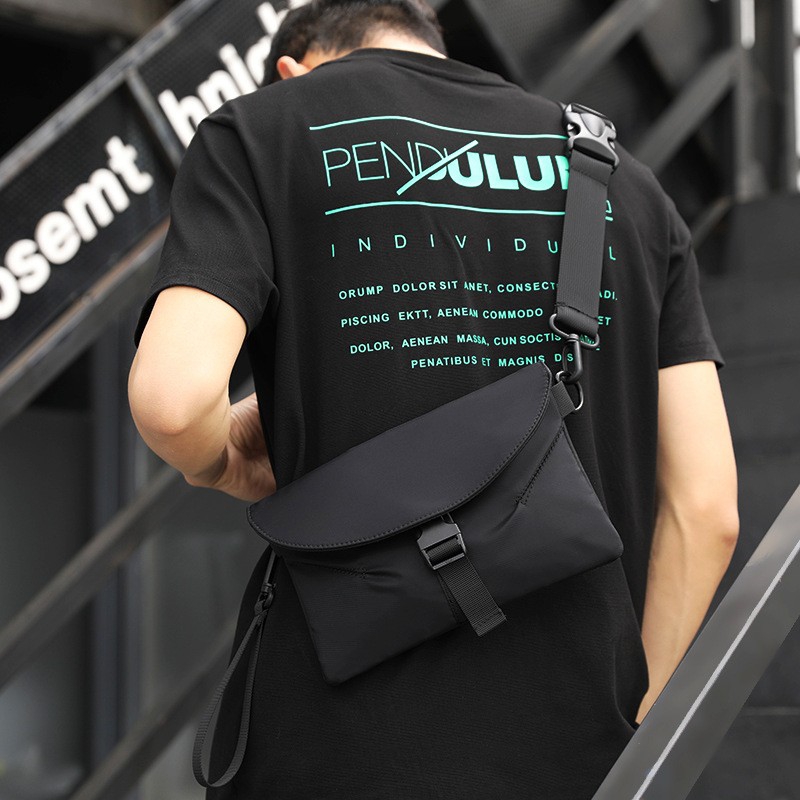 Men Nylon Crossbody Sling Bag, Buckle Closure, Casual Daily Shoulder Messenger Bag, Black