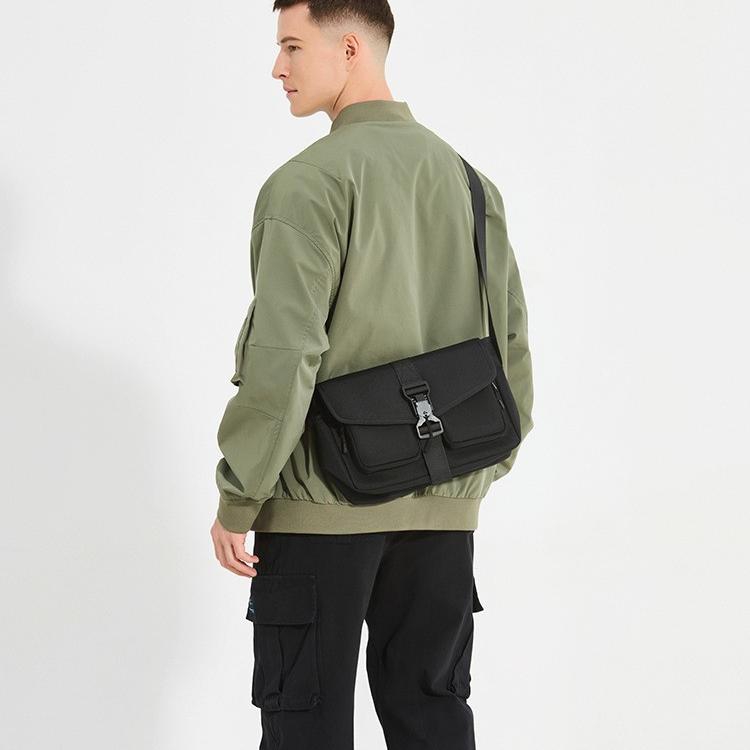 Men Nylon Messenger Shoulder Bag, Metal Buckle Flap Closure Crossbody Bag, Black, For Daily Work Commute