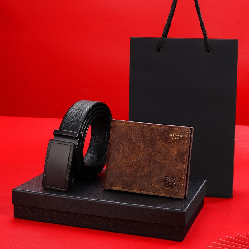 Men Belt And Wallet Gift Box Set, Split Cowhide Belt With PU Wallet, Black Dark Brown