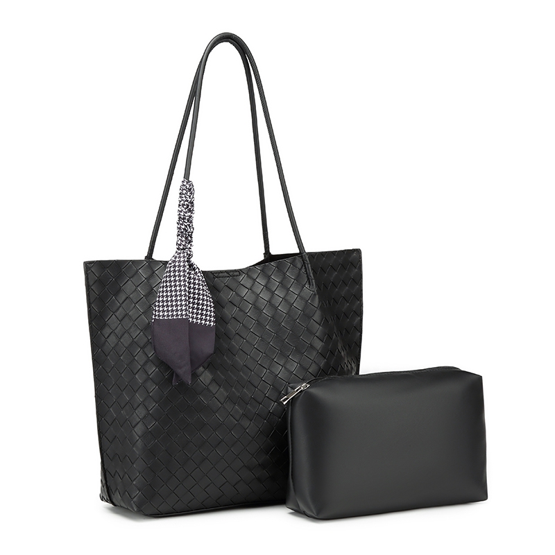 2 Pcs Women PU Ladies Matching Tote Bag Set With Decorative Scarf | Black, Off White, Camel, Khaki, Dark Brown