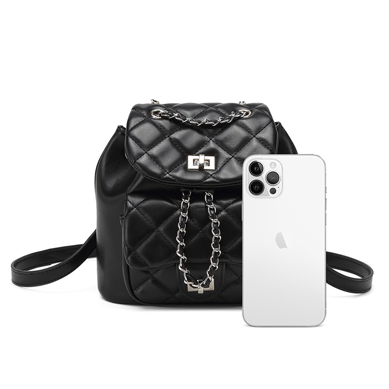 PU Quilted Chain Drawstring Women Backpack, Small Ladies Fashion Backpack | White Black Pink Apricot
