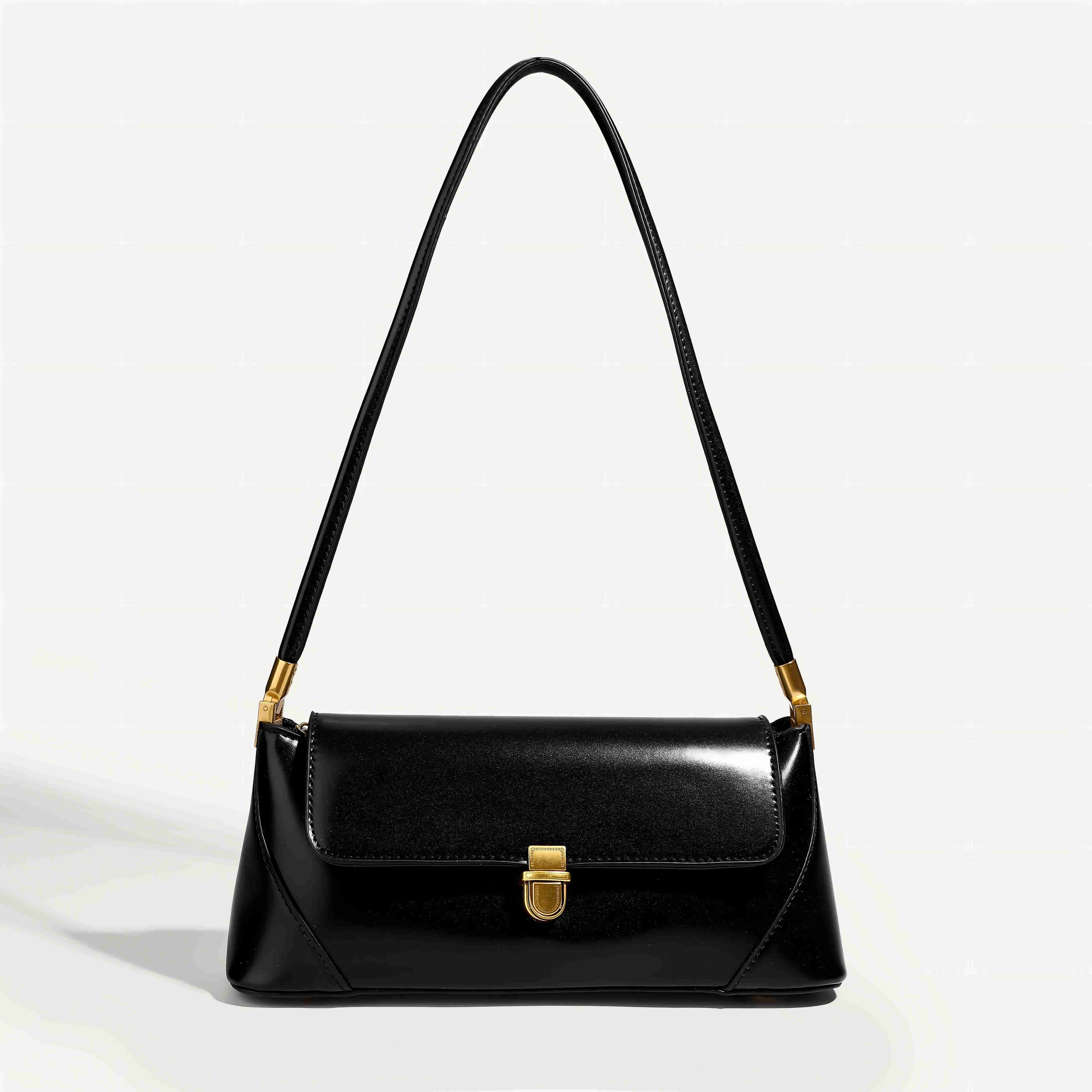 Glossy PU Vintage Baguette Underarm Shoulder Bag With Metal Lock | Black, Wine Red, White