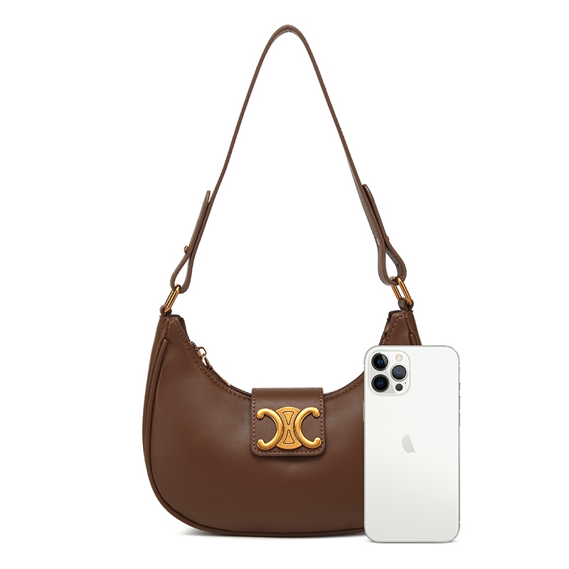 PU Ladies Curved Hobo Underarm Shoulder Bag With Decor Metal Lock | Brown, Off‑White, Taupe, Black