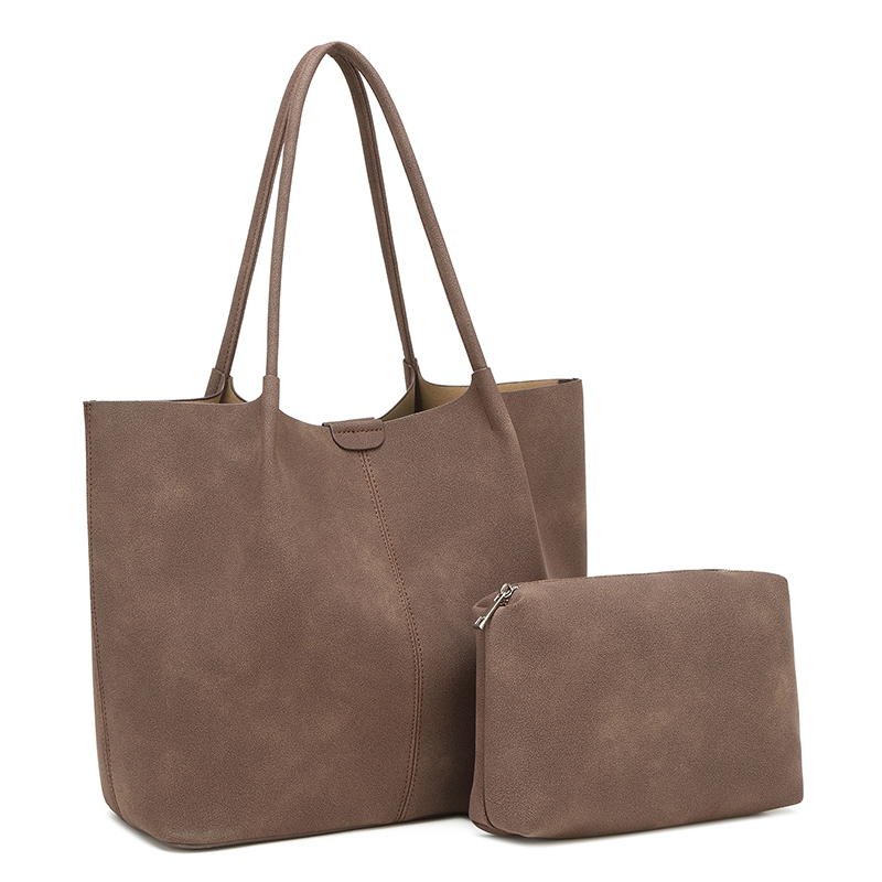 Vintage Faux Suede Large Tote Shoulder Bag Set With Matching Small Pouch | Grey, Coffee, Dark Brown, Black, Camel