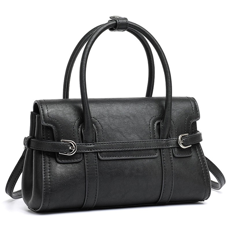 Genuine Leather Retro Rectangular Flap Handbag, Ladies Top‑Handle Shoulder Bag With Decorative Buckle | Red, Sage Green, Light Grey, Black, Pink, Cream