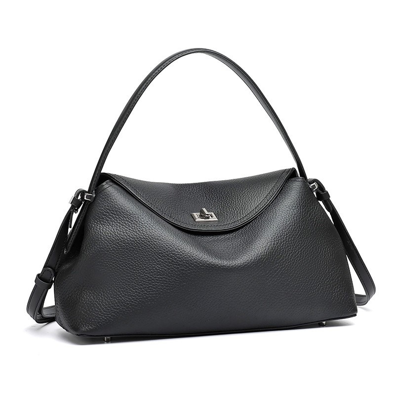 Genuine Leather Soft Hobo Flap Handbag, Ladies Convertible Shoulder & Crossbody Bag With Decorative Metal Clasp | Light Blue, Black, Khaki, Pink, Dark Brown, Cream