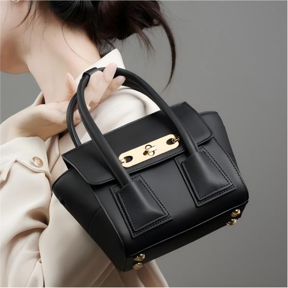 Genuine Leather Ladies Flap Handbag, Metal Turn‑Lock Hardware, Black / Light Pink / Khaki Women Top‑Handle Crossbody Shoulder Bag