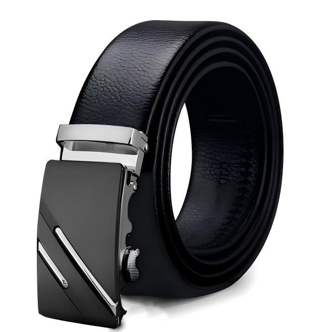 Men Split Cowhide Automatic Buckle Belt, Litchi Grain, 3.5cm Width, 110‑130cm Length, Zinc Alloy Buckle, Black