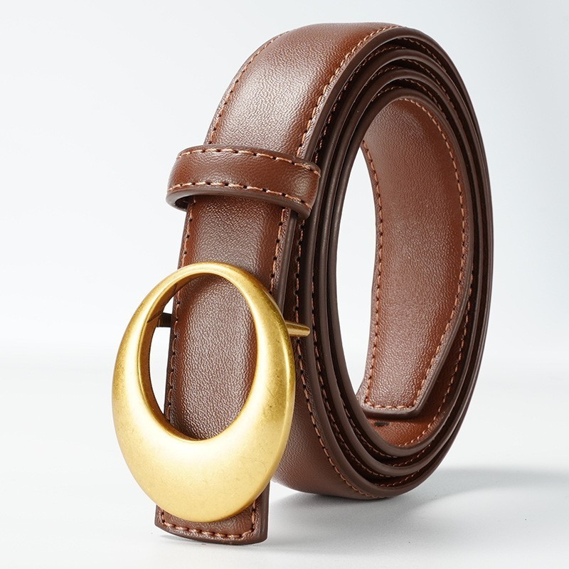Women Split Cowhide Slide Buckle Belt, 2.4cm Width, 105cm Length, Zinc Alloy Gold Buckle | Black, Taupe, Brown