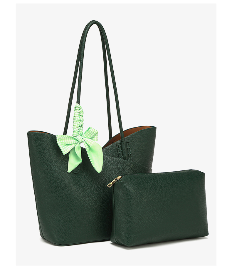 2 Pcs PU Matching Tote Handbag Set With Decorative Bow Scarf | Dark Brown,Forest Green,Coffee,Black,Camel,Off White