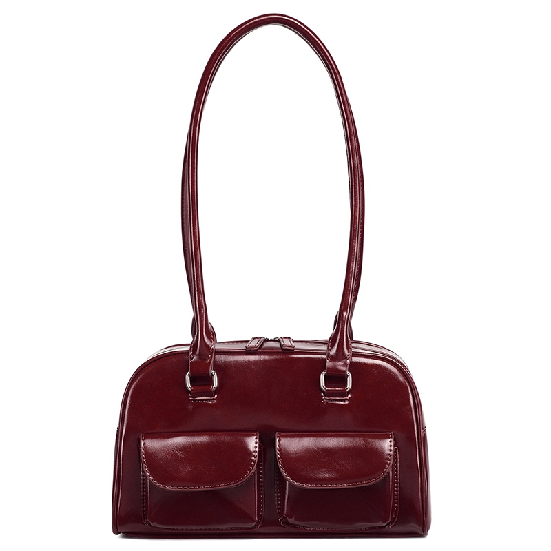 Glossy PU Retro Boston Style Ladies Underarm Shoulder Bag With Double Front Pockets | Dark Brown, Wine Red, Beige, Off‑White, Black, Caramel