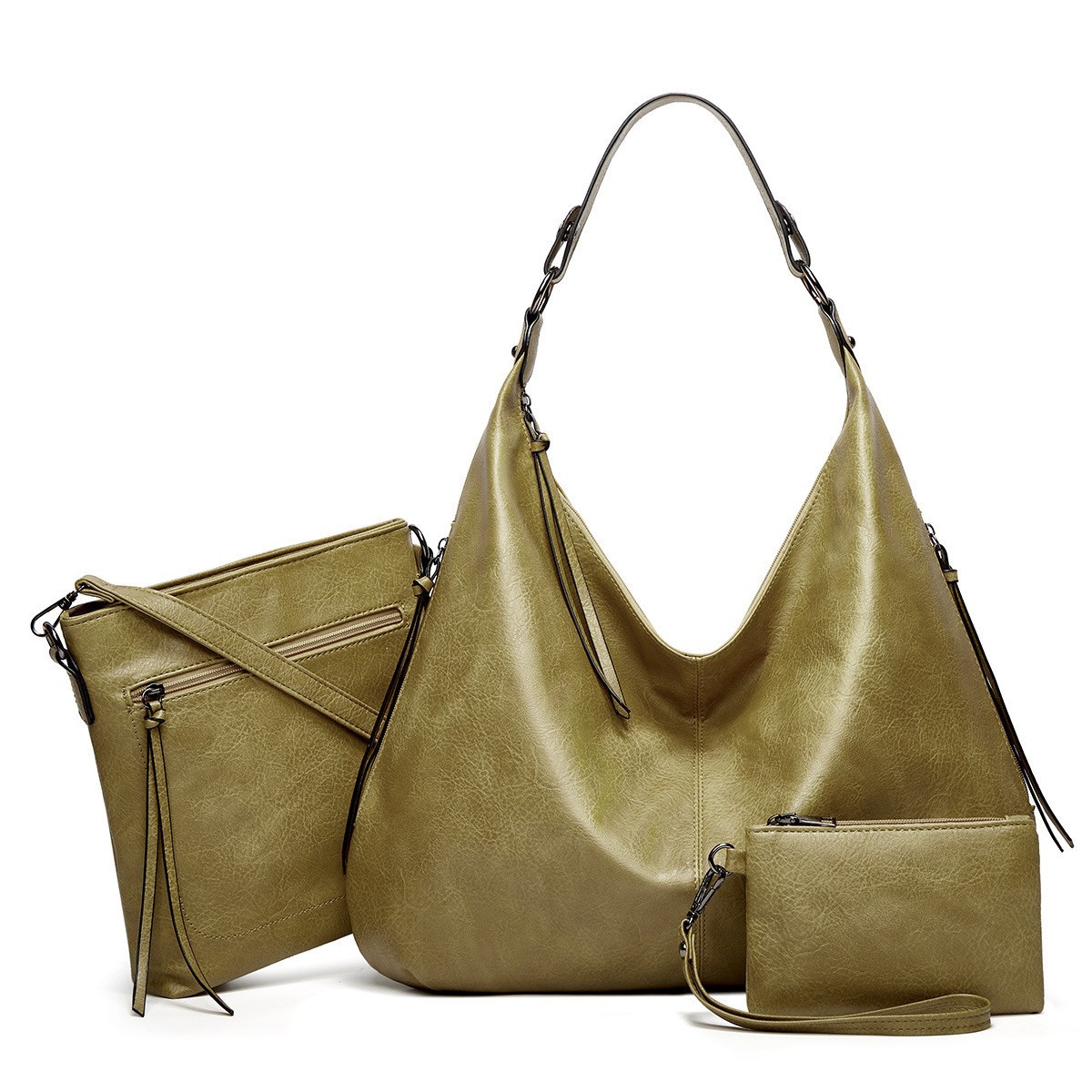 Women's PU hobo 3 piece handbag set: large hobo shoulder tote, matching crossbody bag and wristlet purse. 7 assorted colors, large capacity for work and daily occasions.