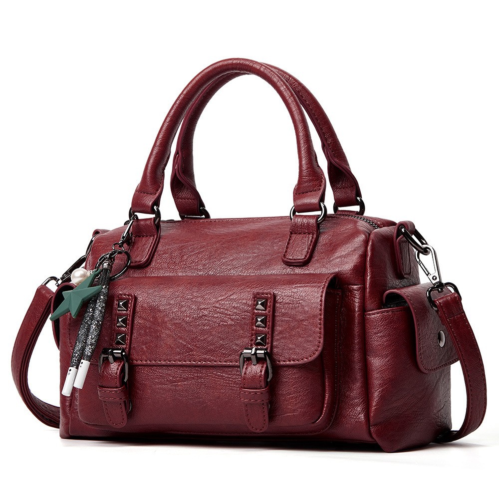 Women's Handbag made of textured PU. Vintage doctor style satchel with multi pocket design and detachable crossbody strap, 4 assorted colors, ideal for travel and daily occasions.