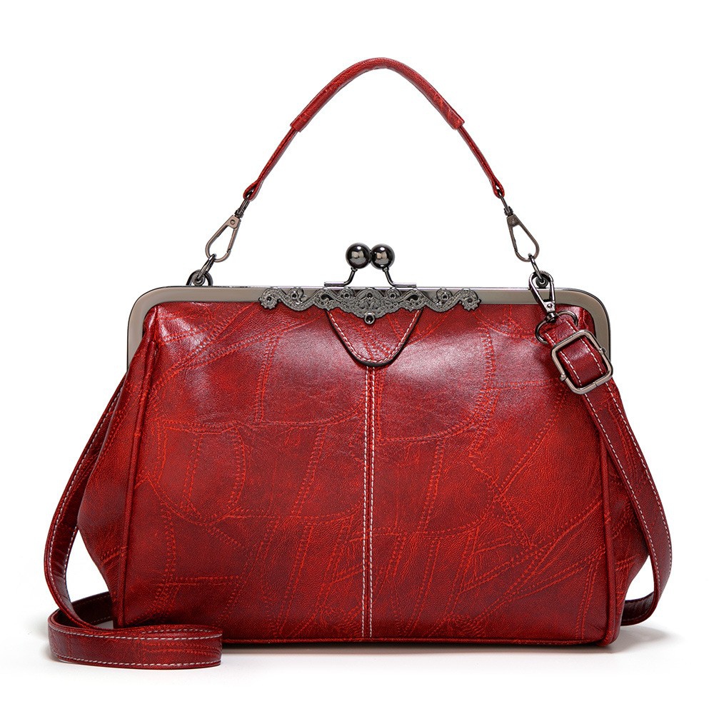 Women's Handbag in vintage oil wax PU. Kiss lock frame with top handle & detachable cross body strap. 8 colors for daily and special occasions.