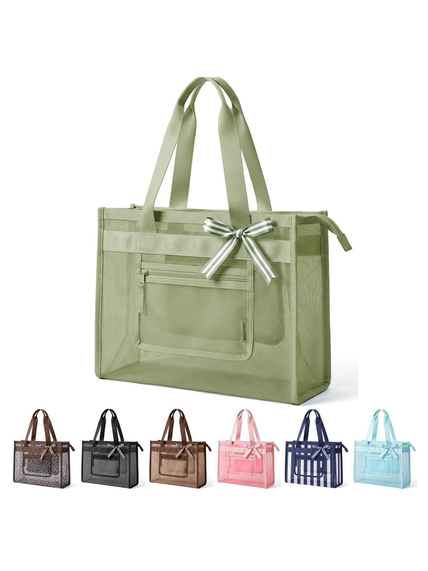 Large capacity mesh tote shoulder bag, equipped with front zipper pocket and bow decor. Available in many colors