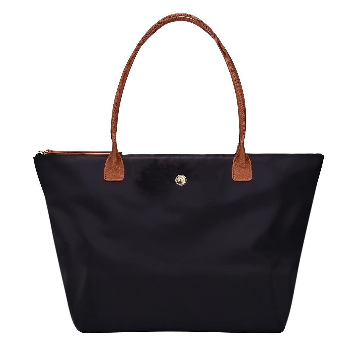 Large lightweight nylon tote bag fitted with PU leather shoulder handles and snap button closure. Available in multiple solid colors