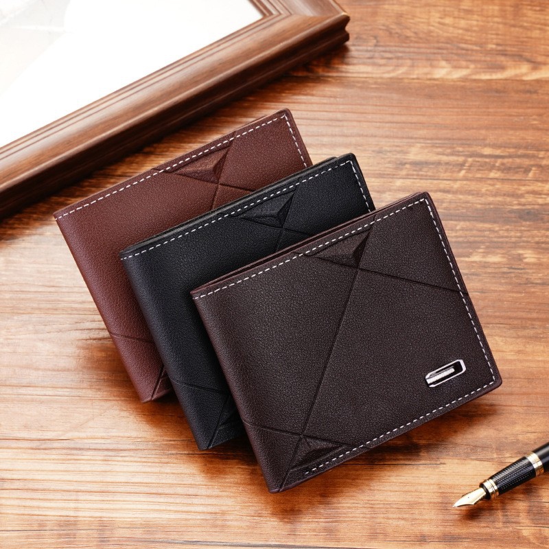 Classic men's bifold faux leather wallet with geometric stitching pattern. Available in multiple colors